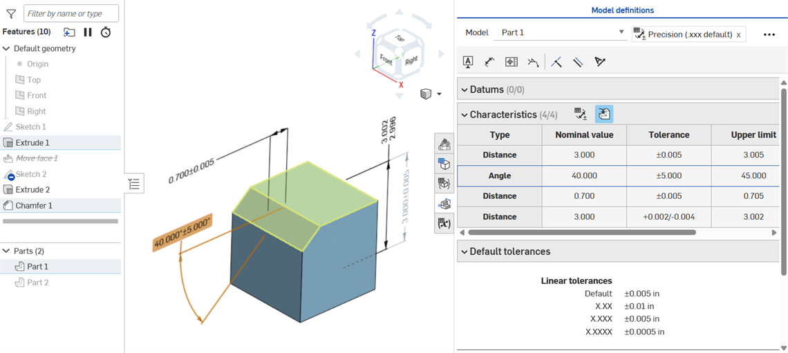 Cross-highlighting a chamfer dimension