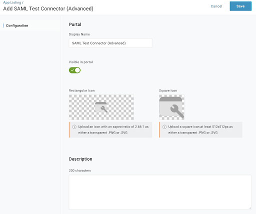 Dialogfenster „SAML Test Connector hinzufügen“