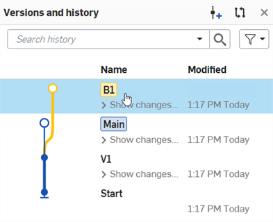 New branch in the versions and history panel