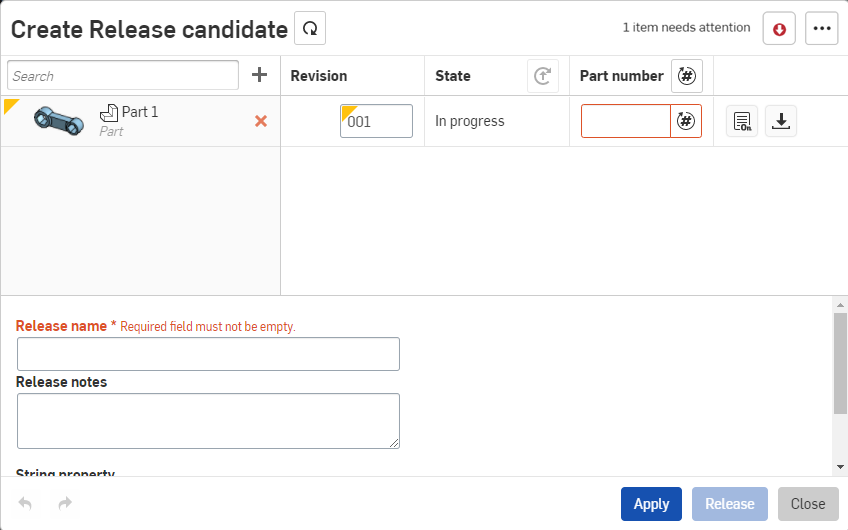 Create Release candidate dialog