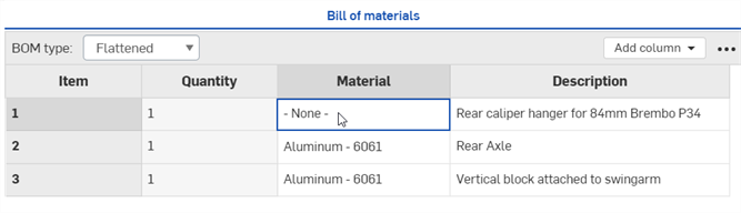 Stücklistentabelle mit Materialzuordnung von Baugruppen-Instanzen
