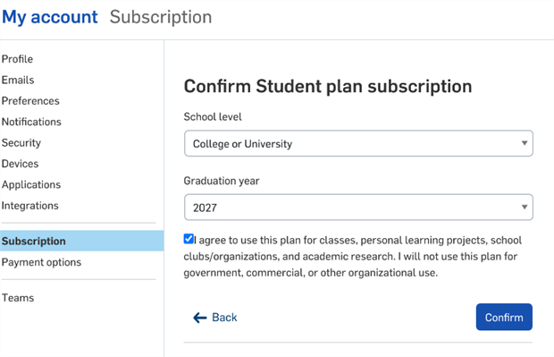 Dialogfenster zum Bestätigen von Student-Abonnements