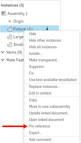 Feststecken-Referenz aus dem Kontextmenü der Instanz auswählen