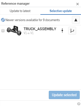 Reference manager dialog, showing that a newer version is available for the instance, and with the Update selected button