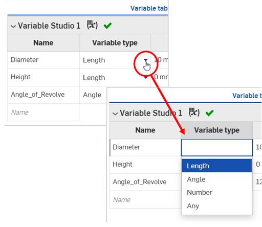 Dropdown-Auswahl des Variablentyps