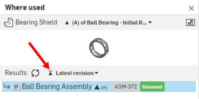 Beispiel für die Nutzung von „Verwendungsort“, um festzustellen, wo die letzte Revision eines Bauteils verwendet wird.