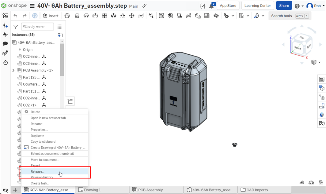 Creating a Release candidate in Onshape