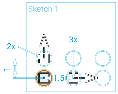 Ejemplo del uso de la herramienta Patrón de boceto lineal, creando círculos adicionales con la herramienta Patrón de boceto lineal