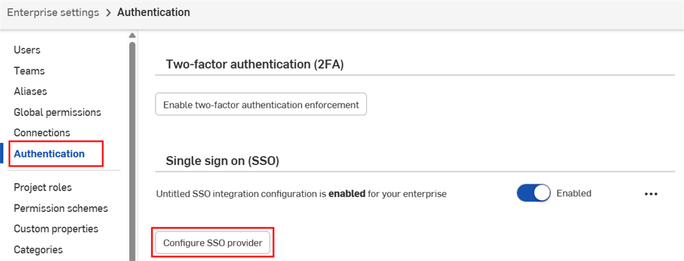 Ejemplo de hacer clic en Configurar proveedor de SSO en la configuración de Inicio de sesión único (SSO)