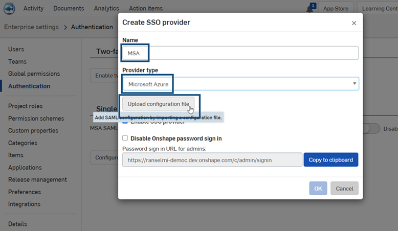 Cuadro de diálogo Crear proveedor de SSO