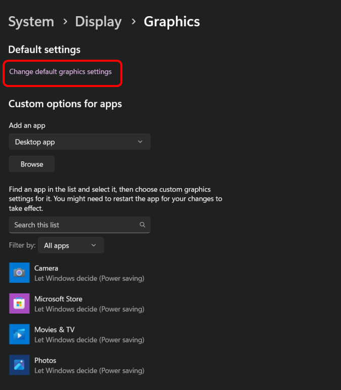 Screenshot of Sysem Display Graphics settings dialog