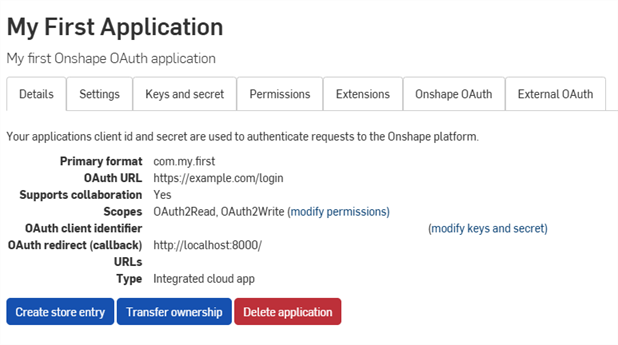 OAuth applications Details tab showing Delete application button