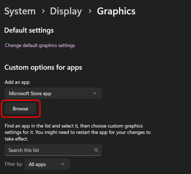 Screenshot of Graphics settings, Add an app section