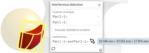 Ejemplo de la detección de interferencias entre dos partes en el área gráfica y en el cuadro de diálogo