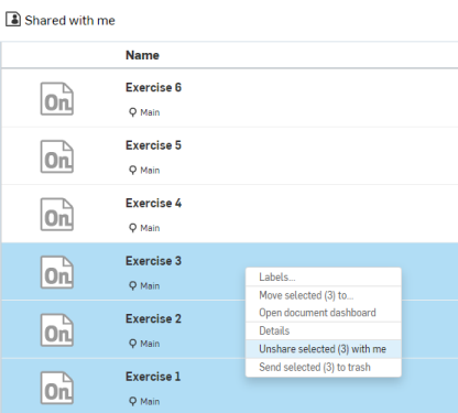 Hacer clic con el botón derecho en una lista de documentos compartidos y seleccionar Dejar de compartir en el menú contextual