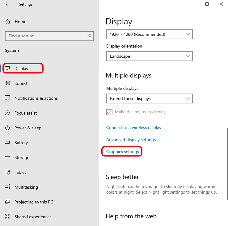 Configuración de Windows, Pantalla, Configuración de gráficos