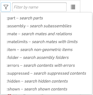 Lista desplegable de filtros de Ensamblaje
