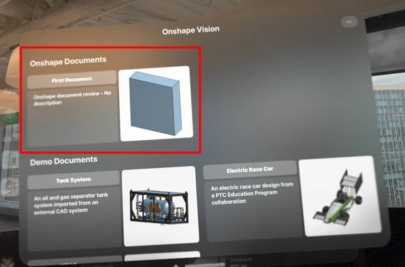 Onshape document on the Apple Vision Pro