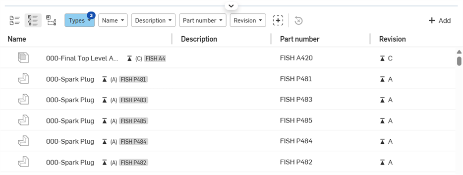 Vista de lista: lista de componentes