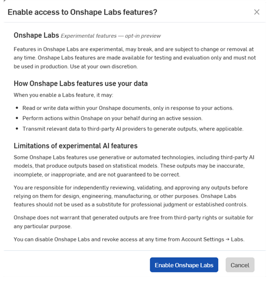 Activar el acceso a la página de características de Onshape Labs