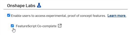 Casilla de verificación FeatureScript Co-complete
