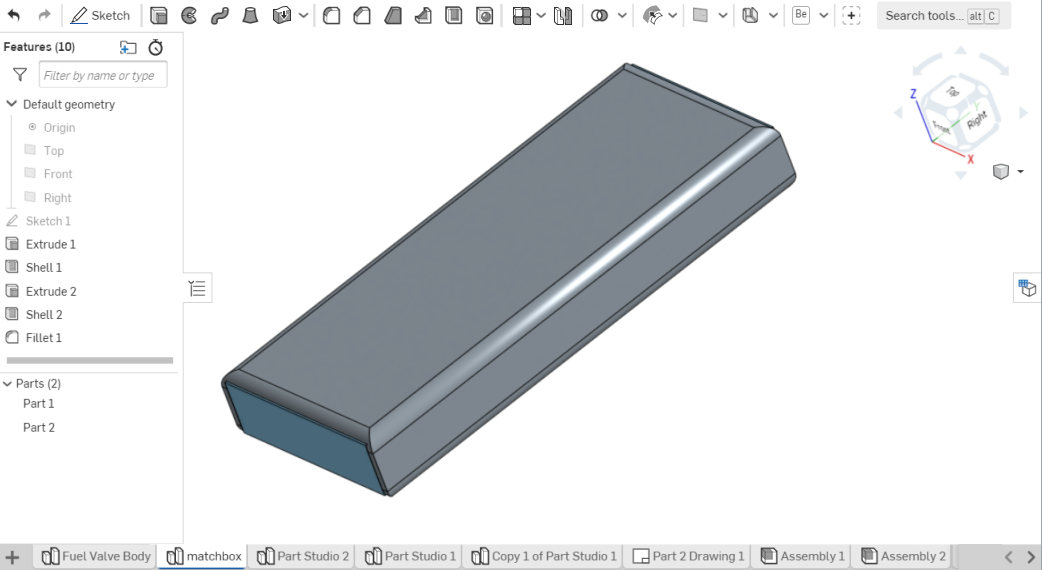 Captura de pantalla de la interfaz de usuario de Part Studio de Onshape