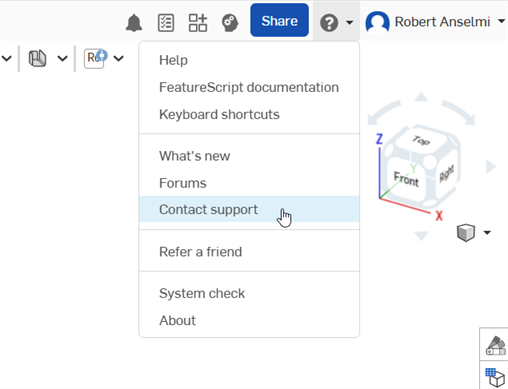 contact support option in help menu dropdown