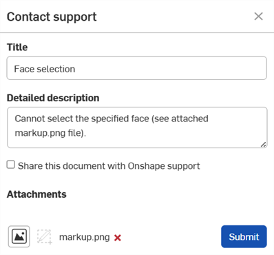 Contact support dialog request with markup attached