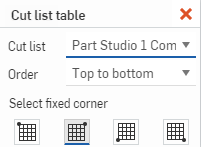 Cuadro de diálogo Tabla de lista de cortes