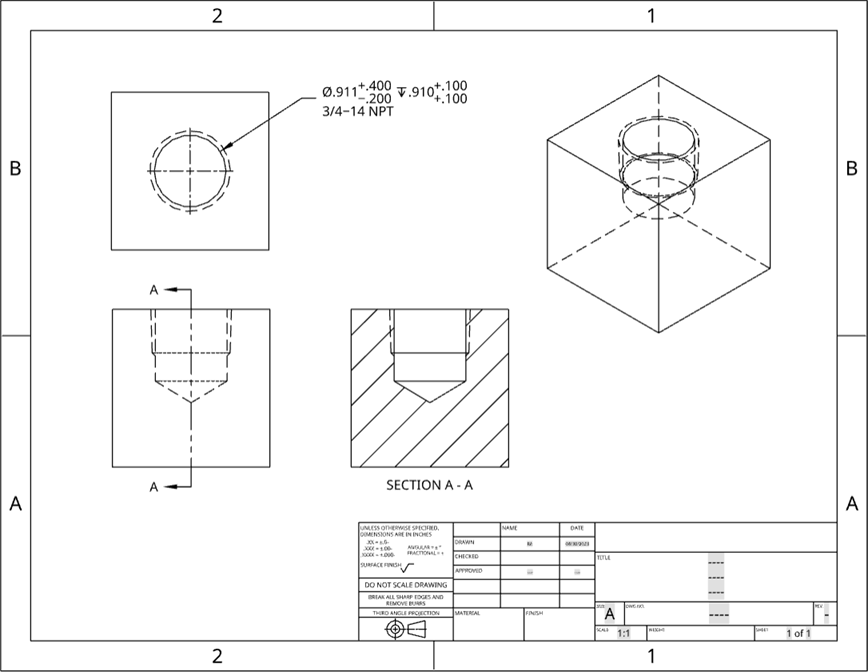 Dibujo de orificio roscado de tubo cónico