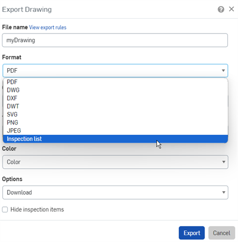 Ejemplo de selección de la lista Inspección del menú desplegable del campo Formato del dibujo de exportación