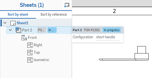 Colocar el cursor sobre una referencia de vista de una pieza configurada para mostrar la información sobre herramientas de la selección de configuración