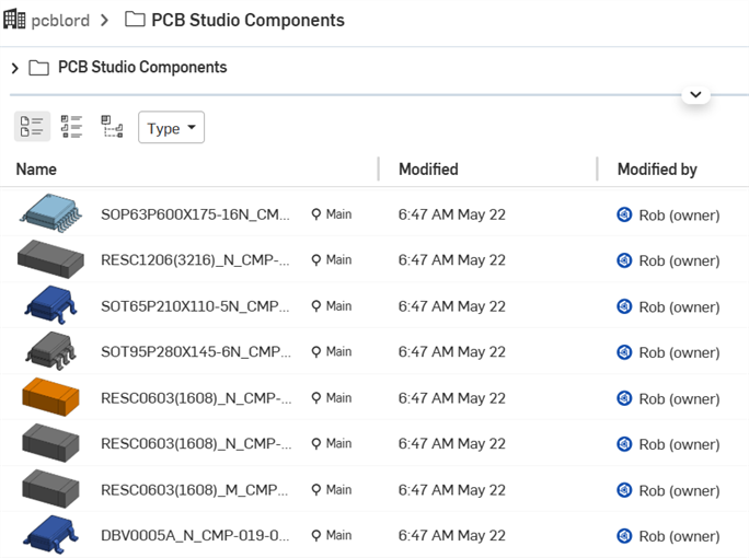 Ejemplo en el que se muestra un tablero y componentes nuevos en un documento de Onshape