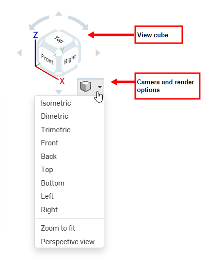 View cube and Camera and render options