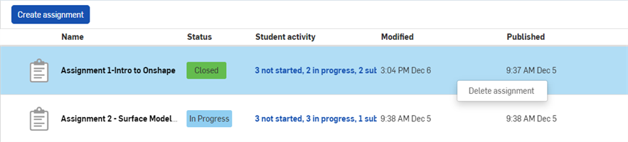 Delete assignment command on Assignment in Assignment list