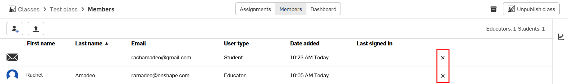 Captura de pantalla de la sección Miembros del panel Clases de EDU
