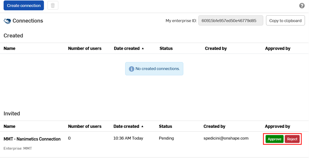 Approve or Reject buttons for a pending connection