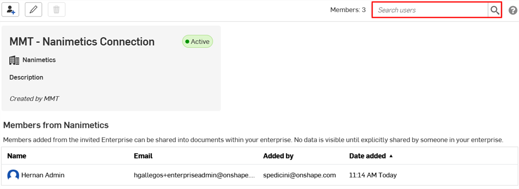 Search users field highlighted in connection