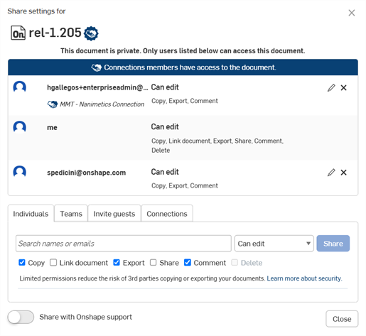Share dialog with External Connections banner