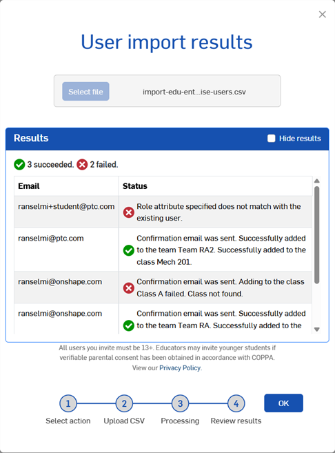 User import results dialog after CSV upload
