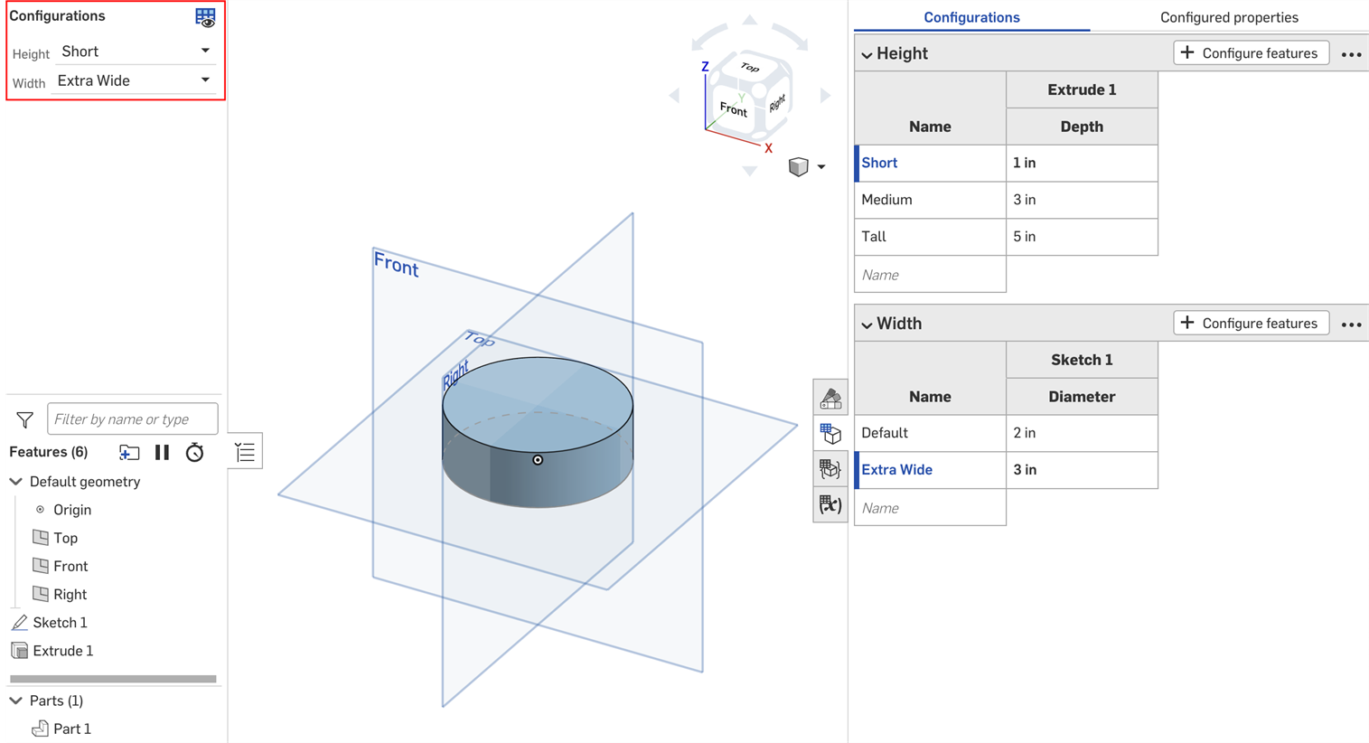 Part Studio con dos opciones de configuración para altura y ancho