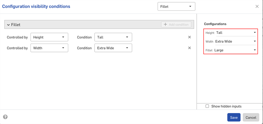 Cuadro de diálogo de Condiciones de configuración con varias condiciones