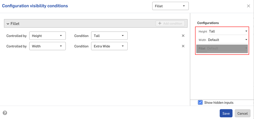 Cuadro de diálogo de Condiciones de configuración con varias condiciones