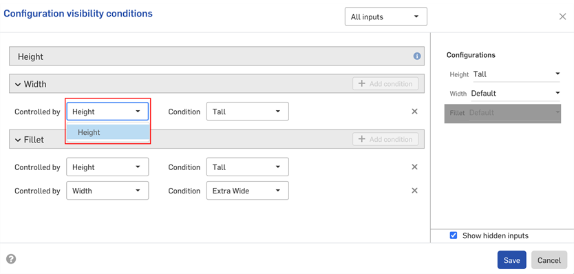 Configuration conditions dialog showing that parameters can only be controlled by parameters above it.