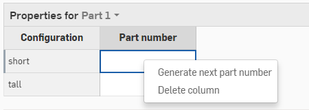 Ejemplo de lo que ocurre al hacer clic con el botón secundario en la columna Número de pieza para generar un número de pieza