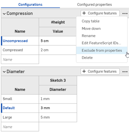 Haga clic en el menú de desbordamiento del panel Configuración y seleccione Excluir de las propiedades