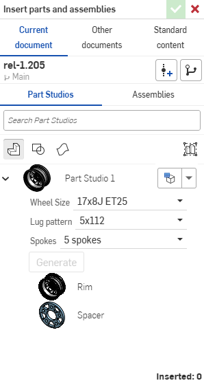 Click an input dropdown to select configuration options in the Insert dialog