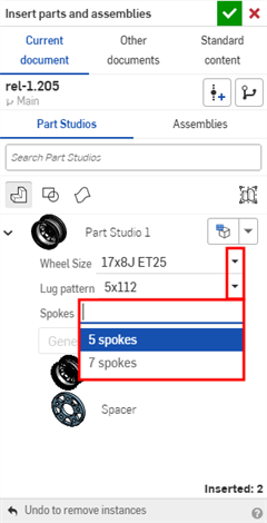 Haga clic en un menú desplegable de entrada para seleccionar las opciones de configuración en el cuadro de diálogo Insertar