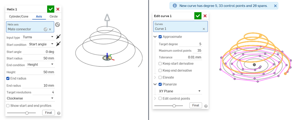 Example of planarizing a helix into a spiral