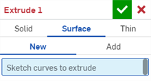 Cuadro de diálogo Extrusión en el que se muestra el tipo de creación Superficie